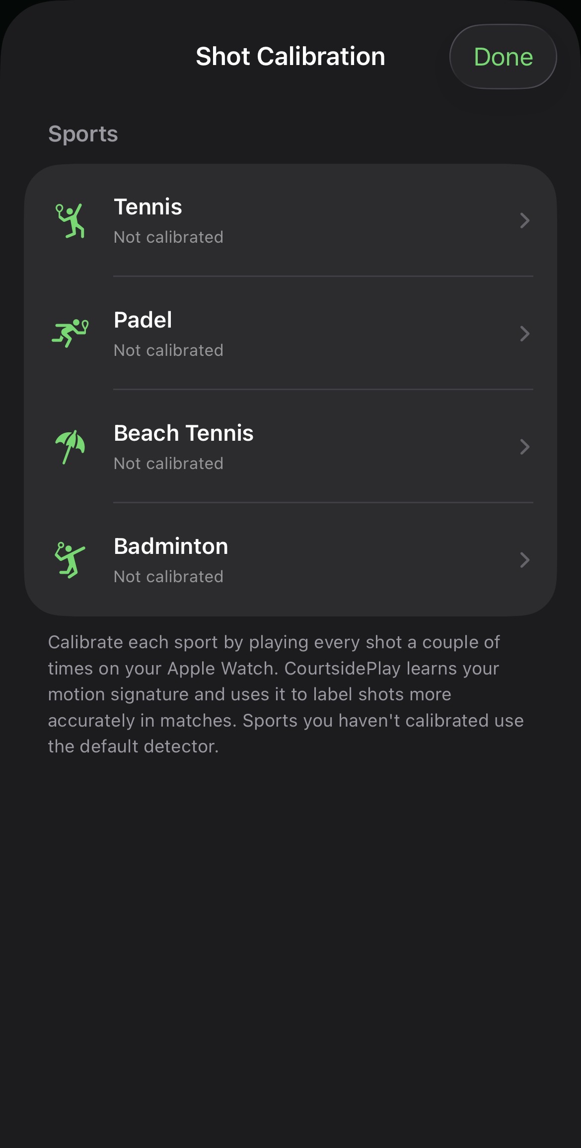 Shot Calibration screen listing Tennis, Padel, Beach Tennis and Badminton
