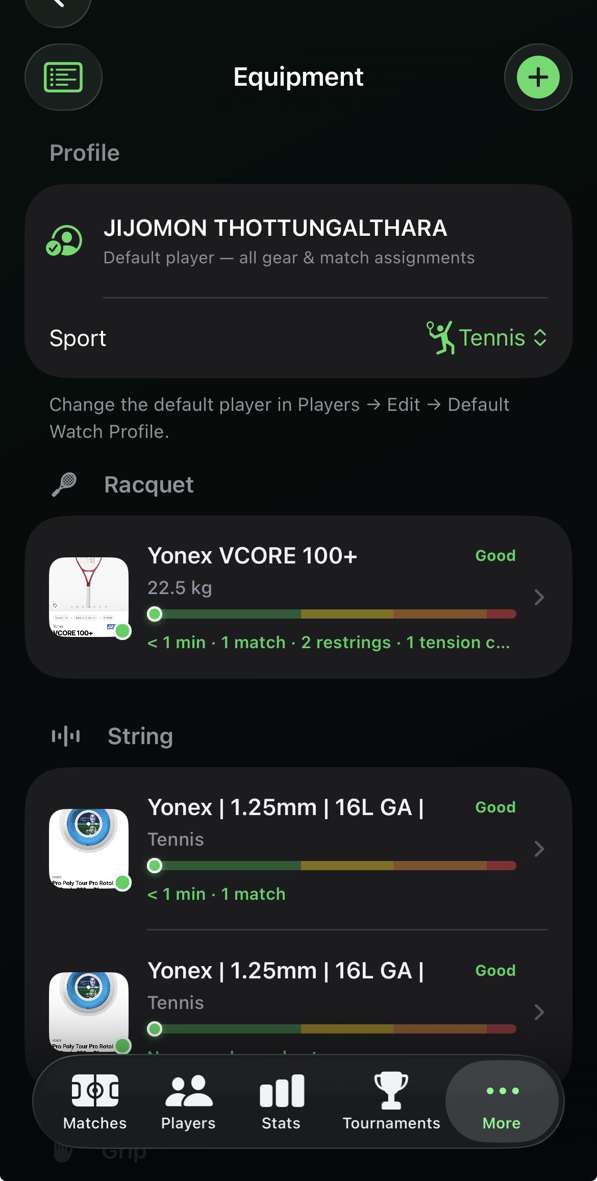 Equipment list on iPhone showing racquets and strings with green–yellow–orange–red usage graphs and Good status badges