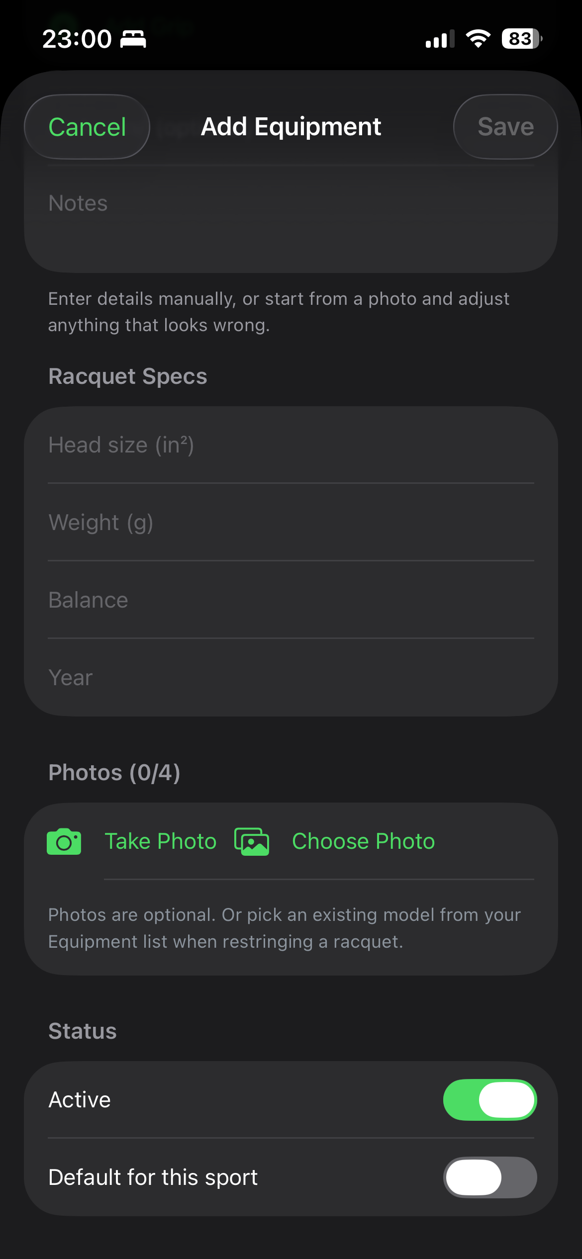 Add Equipment form with racquet specs and optional Take Photo / Choose Photo up to 4 images
