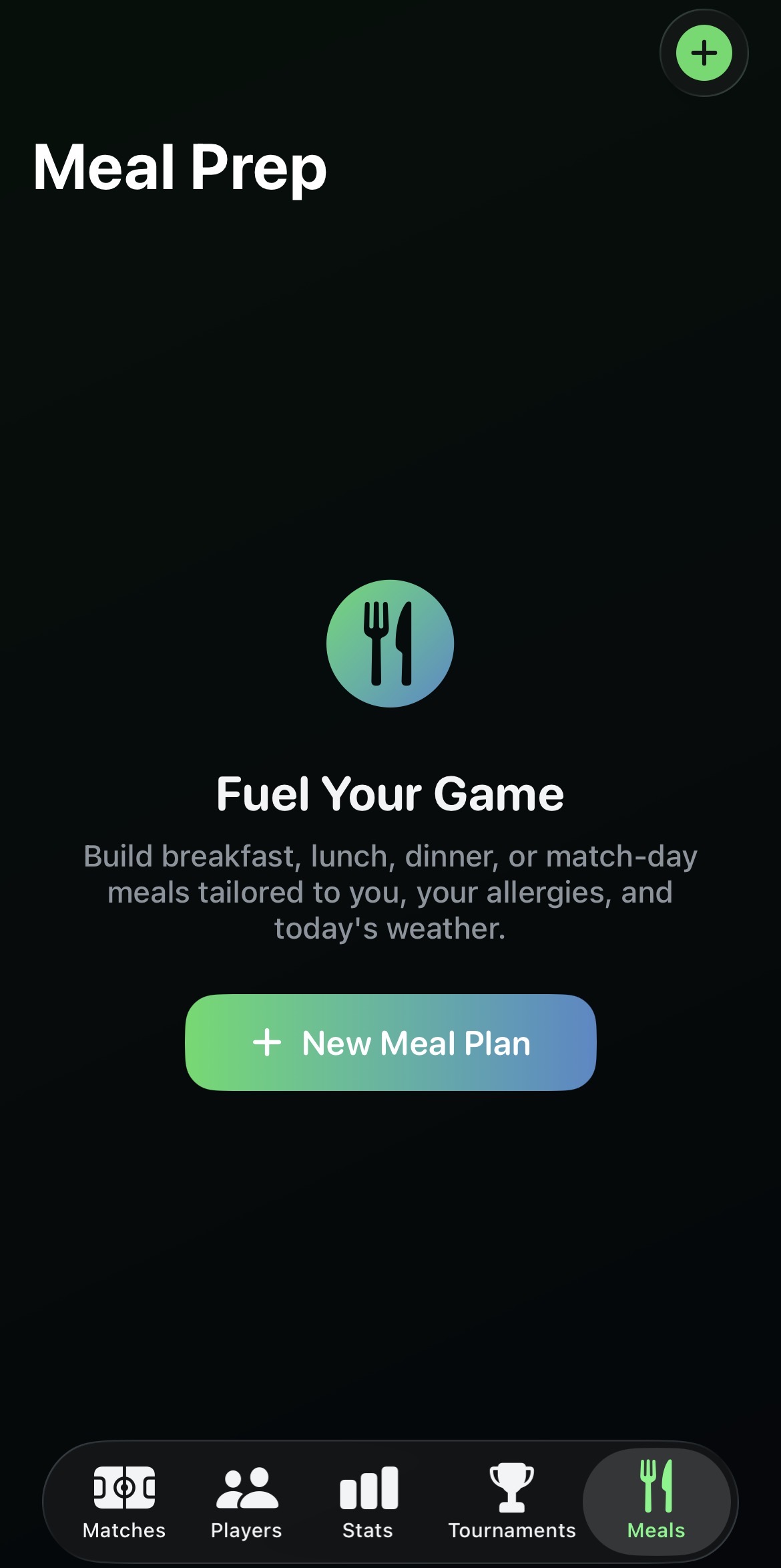 Meal Prep tab empty state with the New Meal Plan button on iPhone