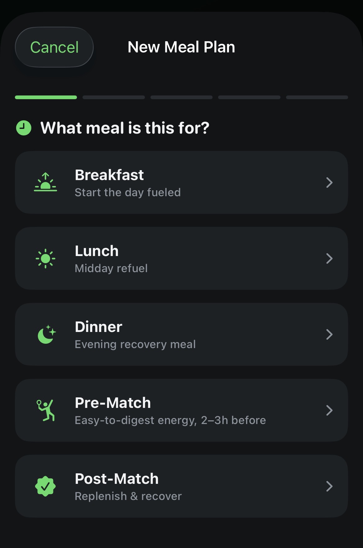 New Meal Plan occasion picker showing Breakfast, Lunch, Dinner, Pre-Match and Post-Match