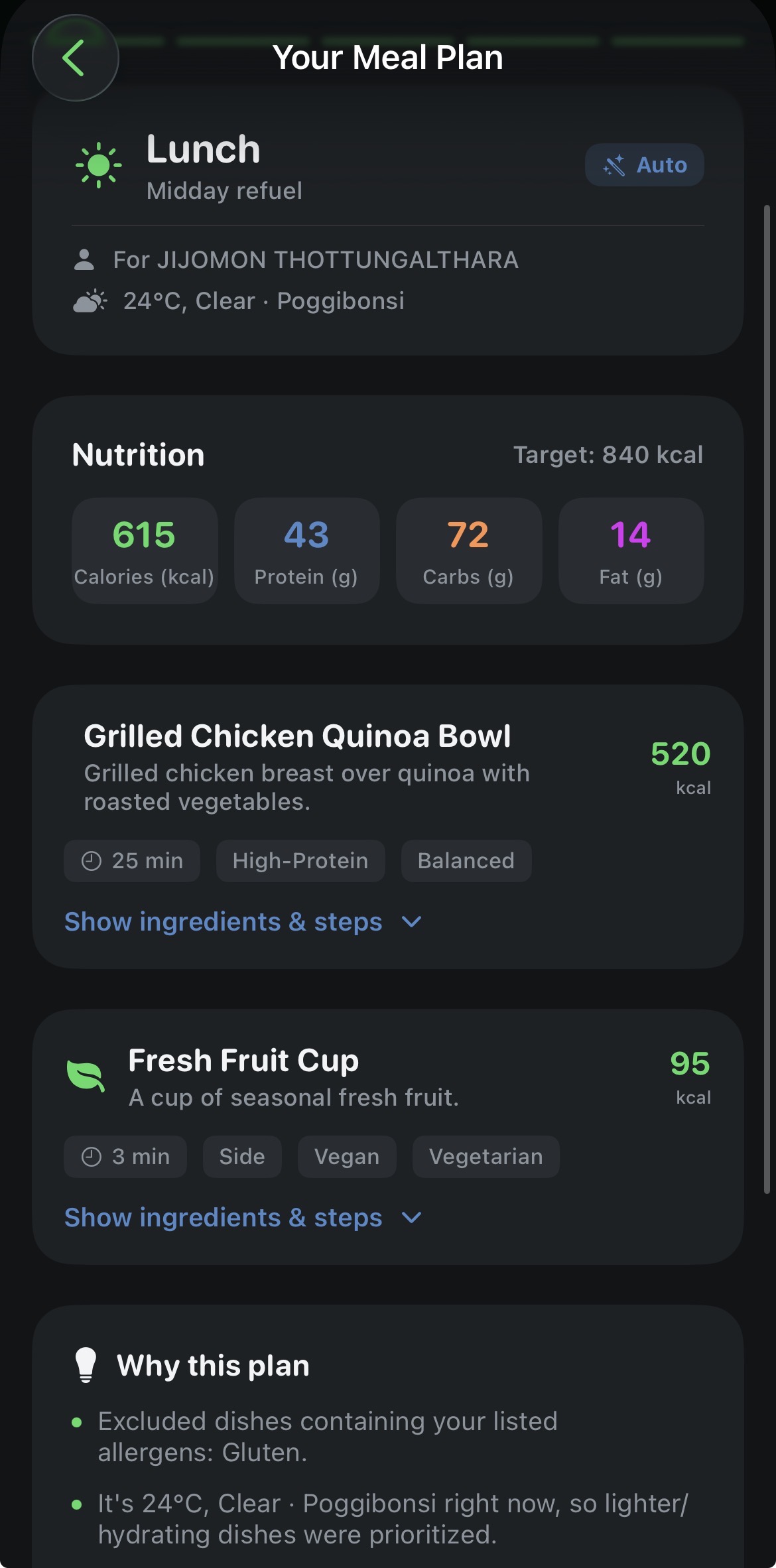 Generated meal plan showing nutrition breakdown, recipe cards and why-this-plan rationale