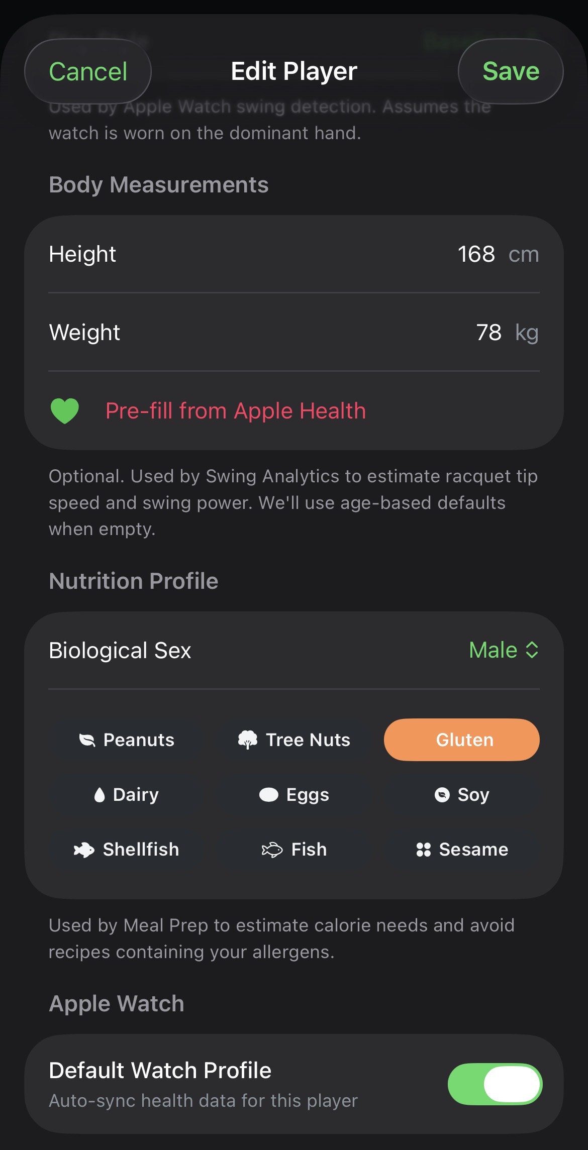 Edit Player nutrition profile with biological sex and food allergy chips for Peanuts, Gluten, Dairy and more