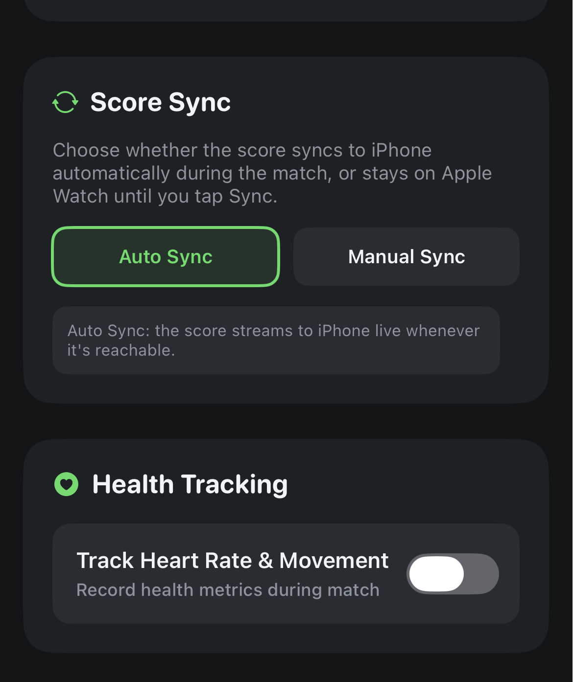 Score Sync option with Auto and Manual in the Create Match screen on iPhone