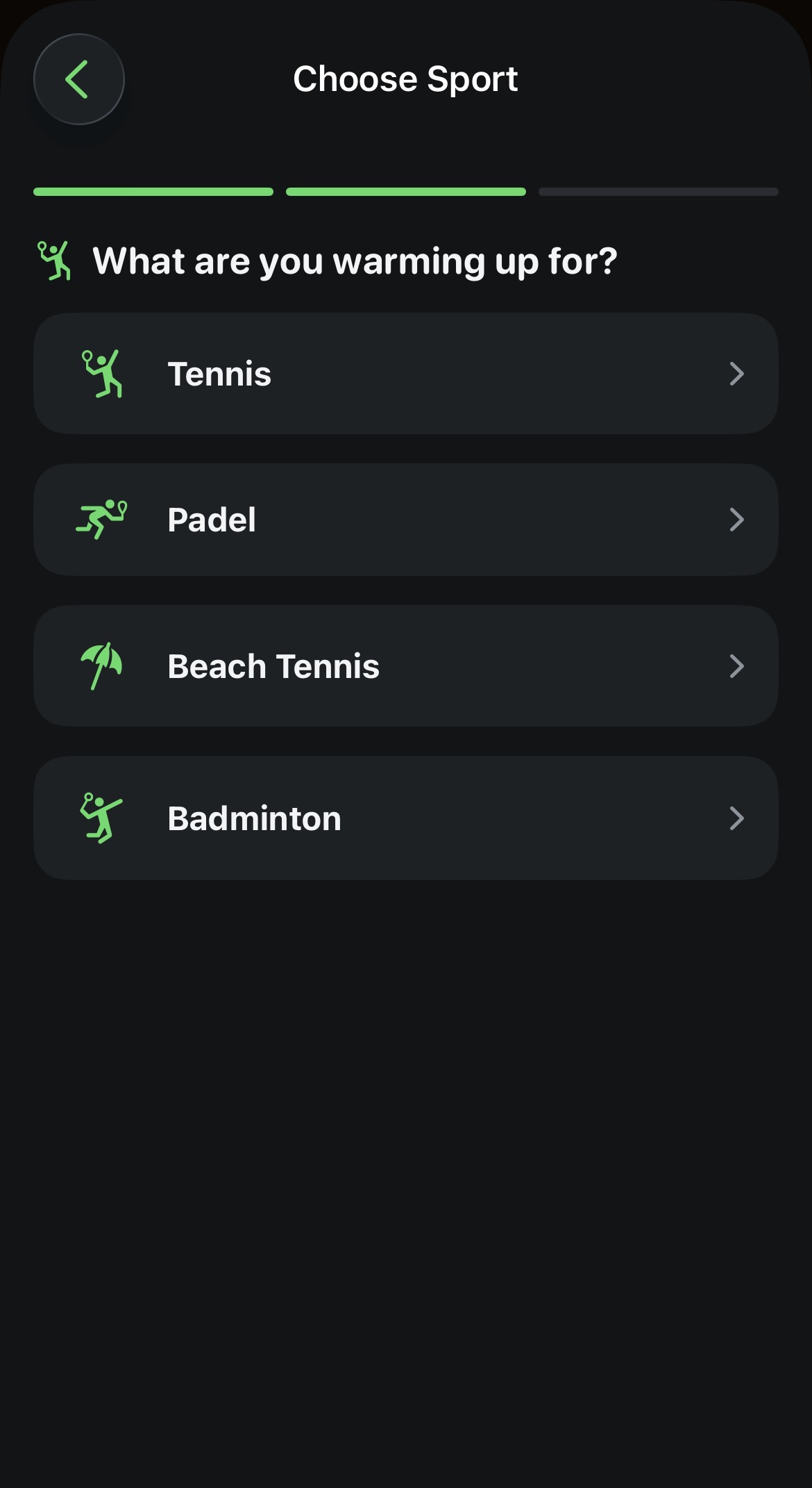Choose Sport screen with Tennis, Padel, Beach Tennis and Badminton options
