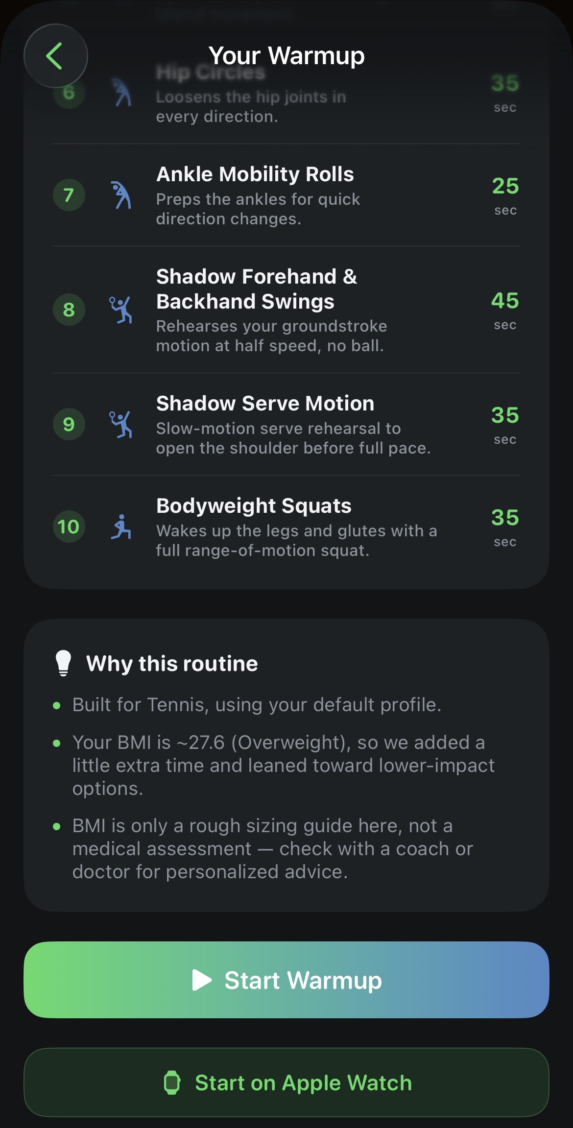 Your Warmup preview screen showing the exercise list with durations and a Why this routine rationale card