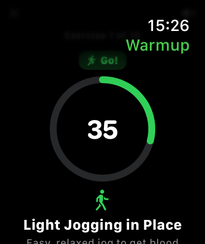 Apple Watch guided warmup session showing a countdown ring, the current exercise name, and a Go indicator