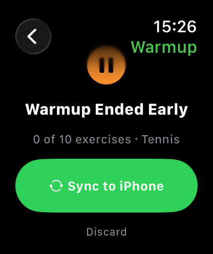 Apple Watch Warmup Ended Early screen with a Sync to iPhone button