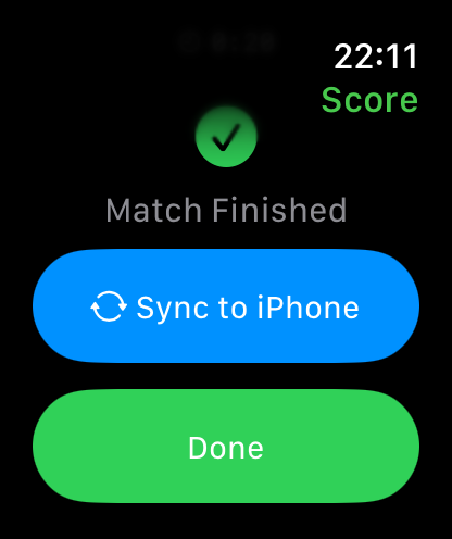 Apple Watch finished match screen with a Sync to iPhone button