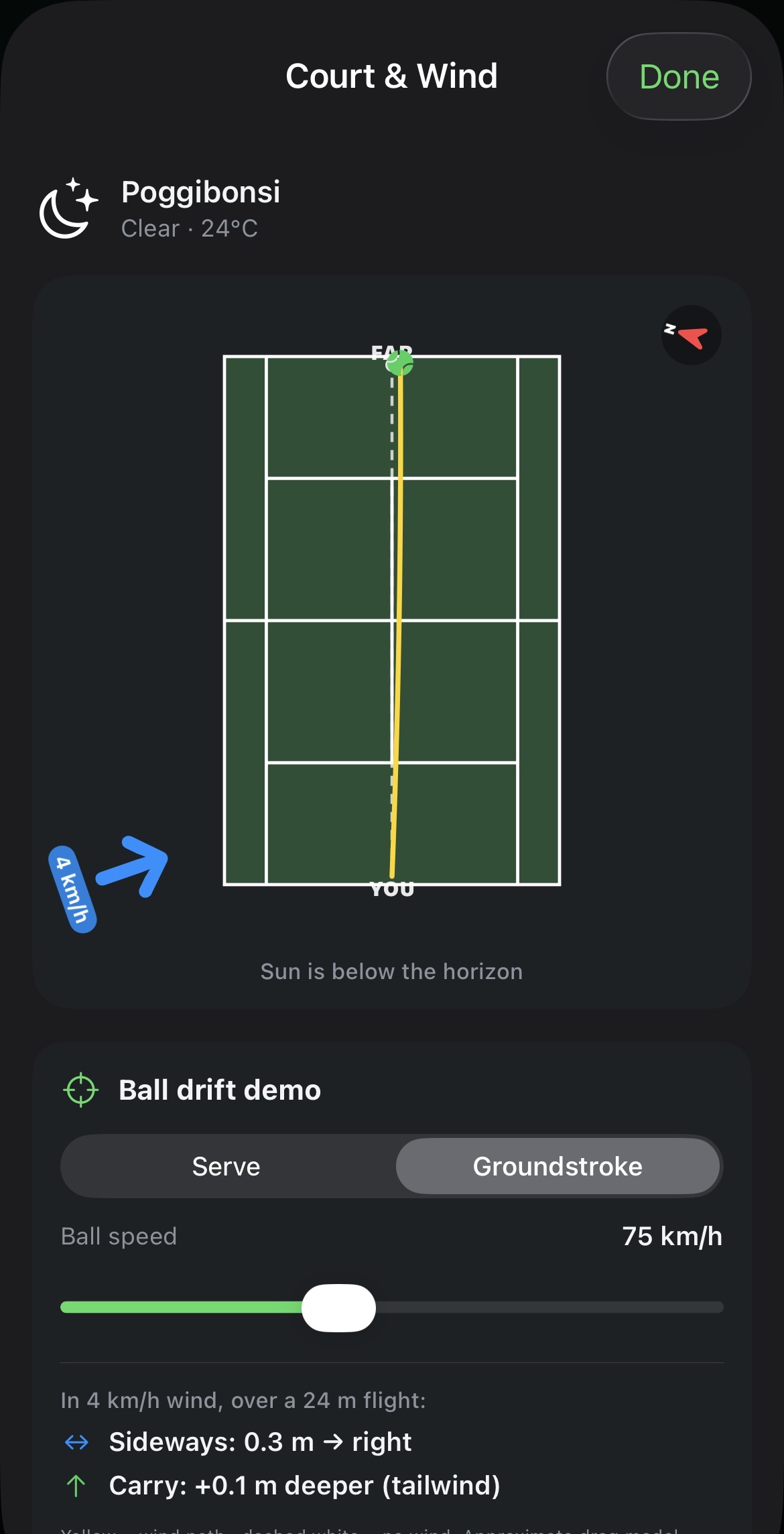 Court & Wind screen showing wind direction, sun position and a ball-drift demonstration