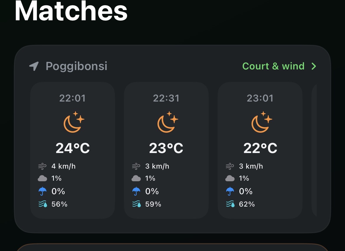 Local weather forecast strip on the Matches screen showing the next 3 hours