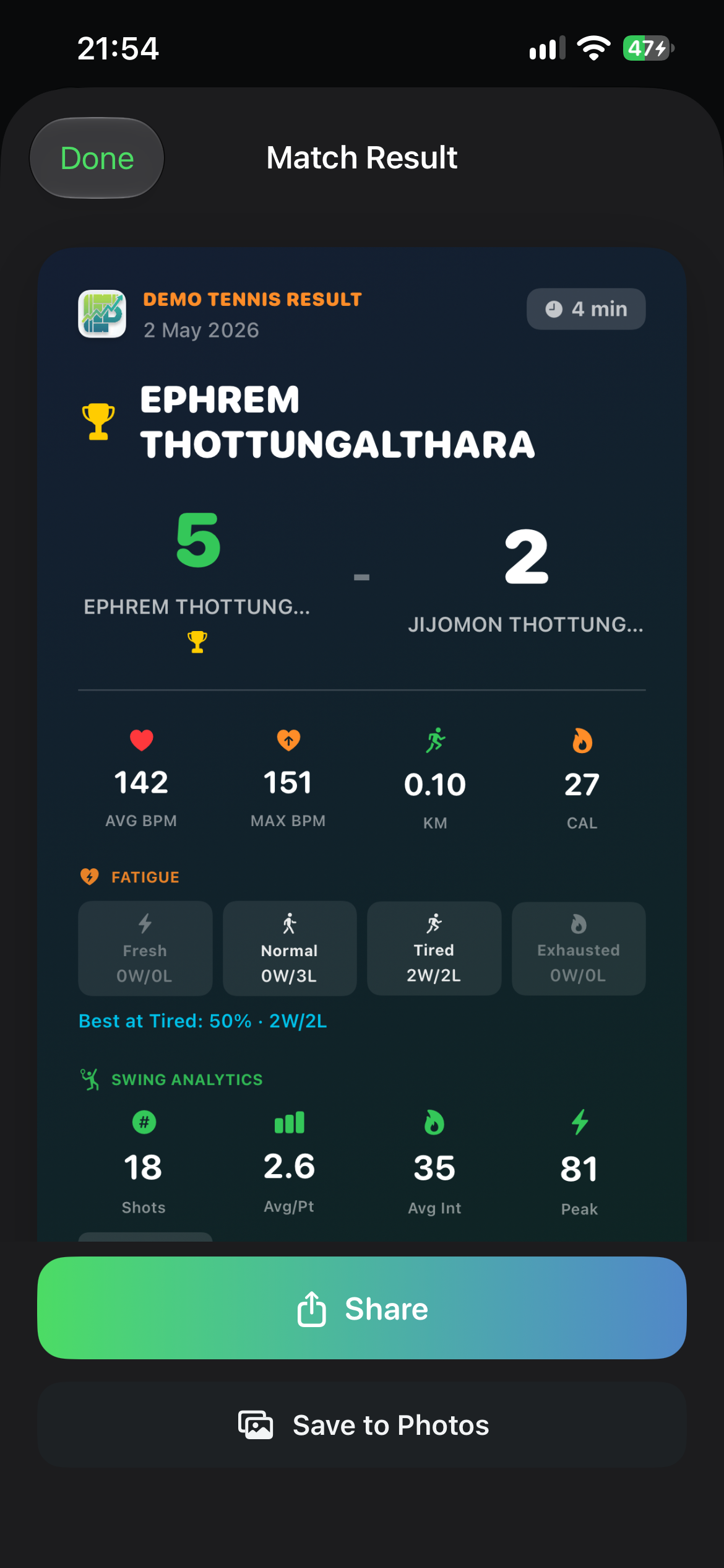 Shareable match result card with Save to Photos