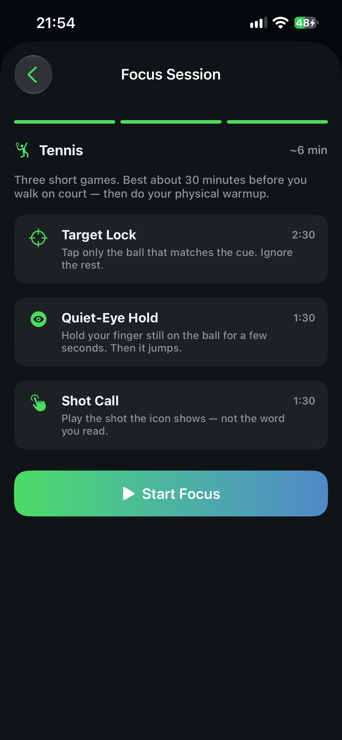 Focus Session setup listing Target Lock, Quiet-Eye Hold and Shot Call